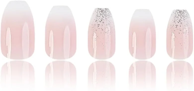 ناخن مصنوعی بالرینی کوتاه MouyouGlow، بیبی بومر، گرادیان رنگی، اکلیلی سفید، ناخن های مصنوعی با چسب ناخن، آمبره صورتی طبیعی