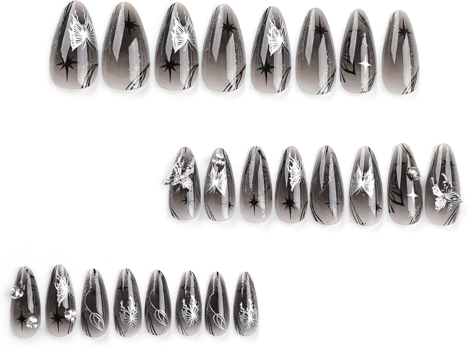 ناخن مصنوعی مویوگلو، قد متوسط، بادامی، مشکی شیشه‌ای، طرح پروانه و ستاره سه بعدی، ناخن های مصنوعی Y2K با چسب ناخن، ناخن های مصنوعی گوتیک