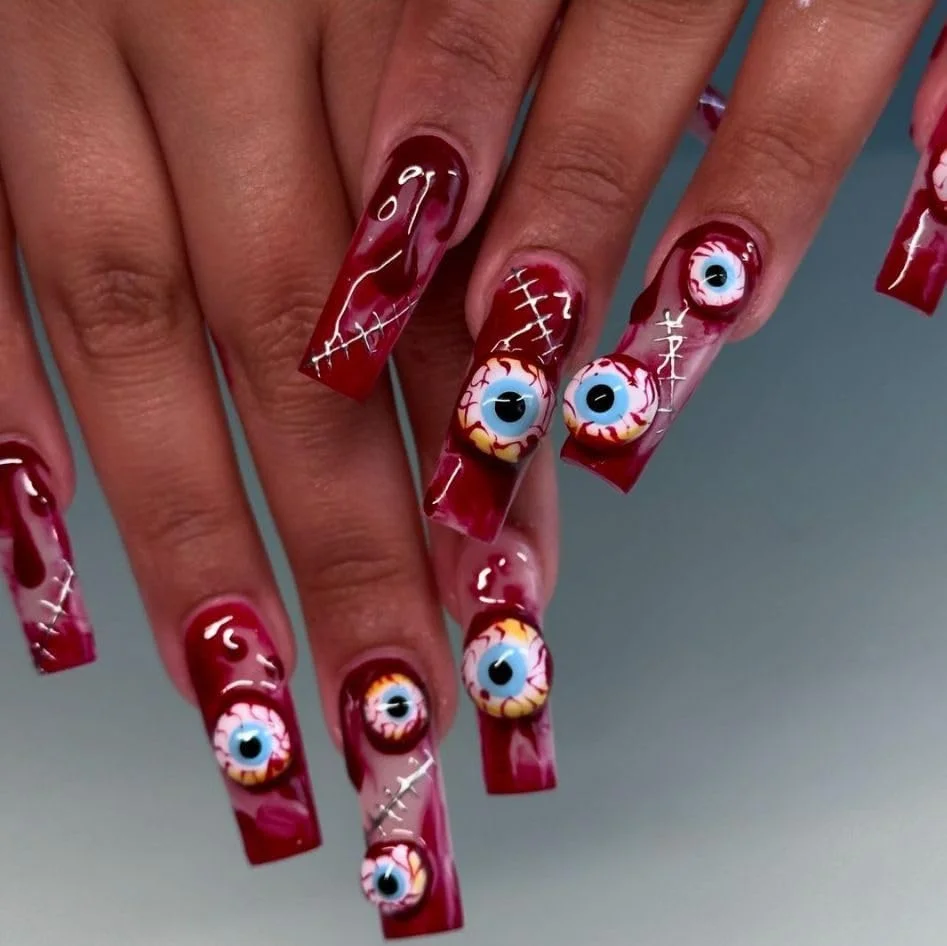 ناخن مصنوعی بالرین بلند MouyouGlow با طرح چشم های قرمز، خون و زخم های ترسناک، مناسب هالووین، به همراه چسب ناخن