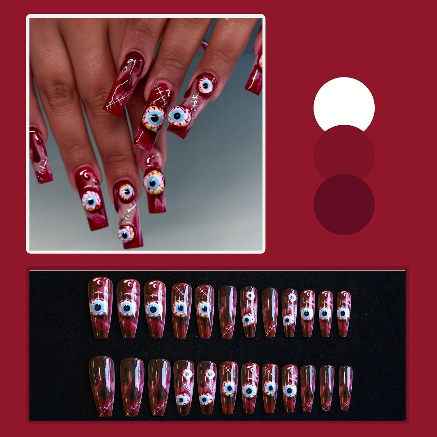 ناخن مصنوعی بالرین بلند MouyouGlow با طرح چشم های قرمز، خون و زخم های ترسناک، مناسب هالووین، به همراه چسب ناخن