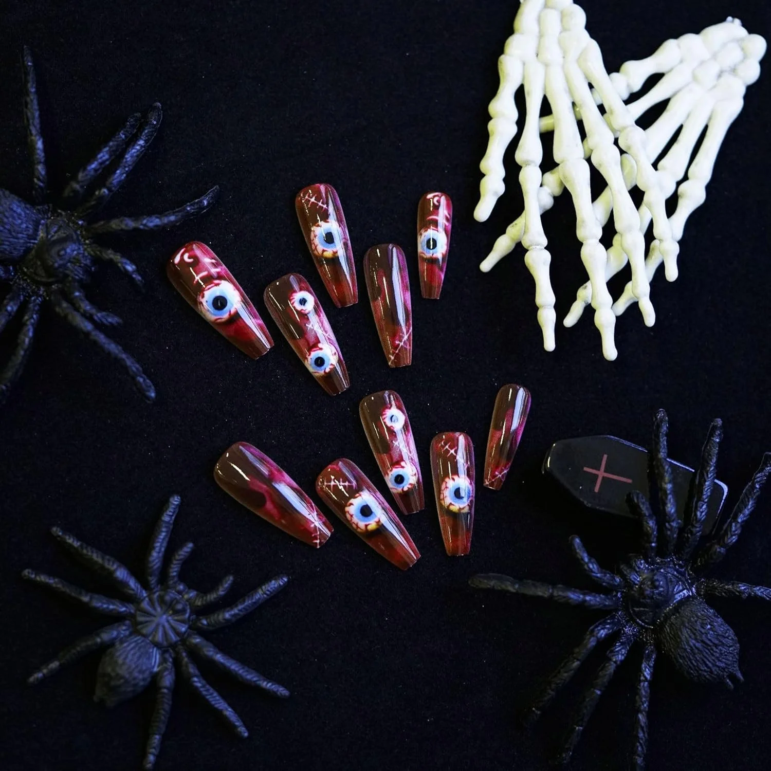 ناخن مصنوعی بالرین بلند MouyouGlow با طرح چشم های قرمز، خون و زخم های ترسناک، مناسب هالووین، به همراه چسب ناخن