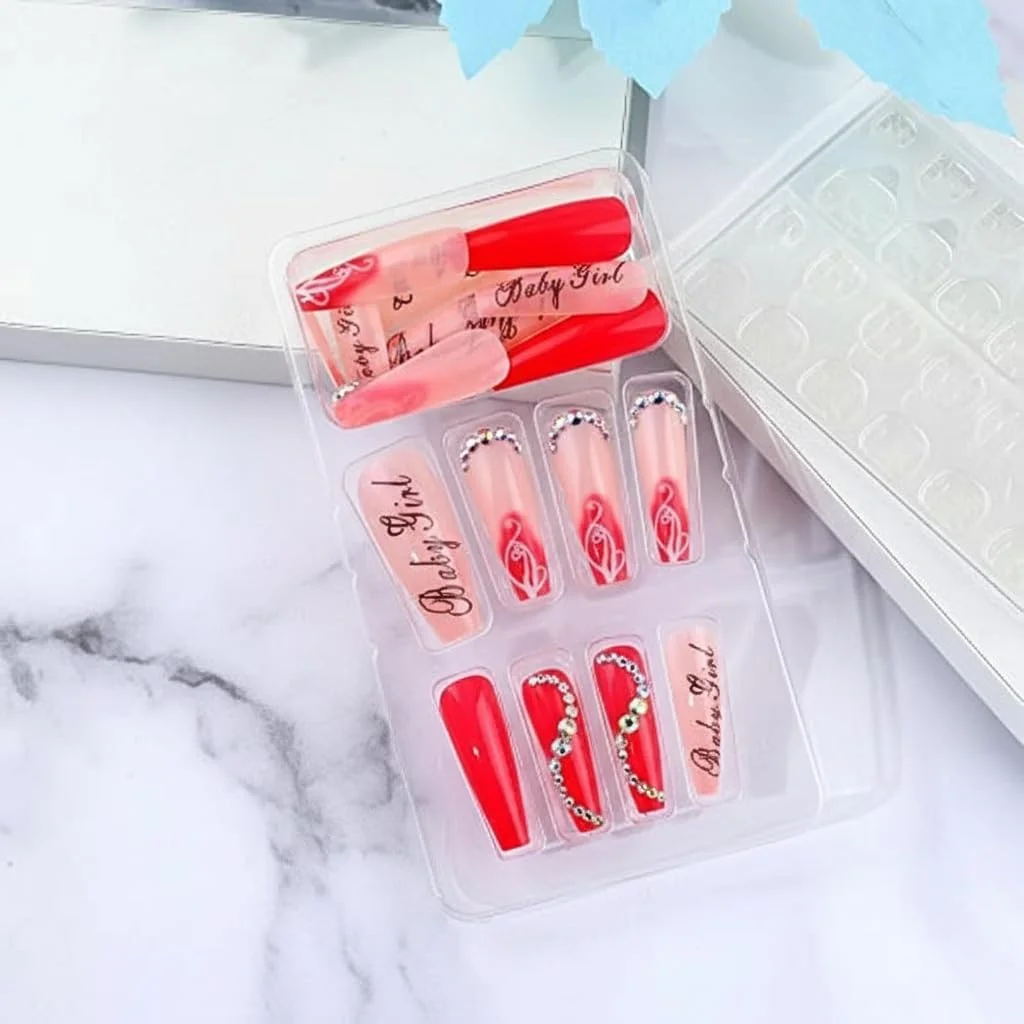 MAKINGTEC ناخن مصنوعی طرح گل، 24 عددی، مربعی کوتاه، طرح فرانسوی، پوشش کامل، مناسب برای چسباندن، مناسب برای طراحی ناخن بانوان و دختران