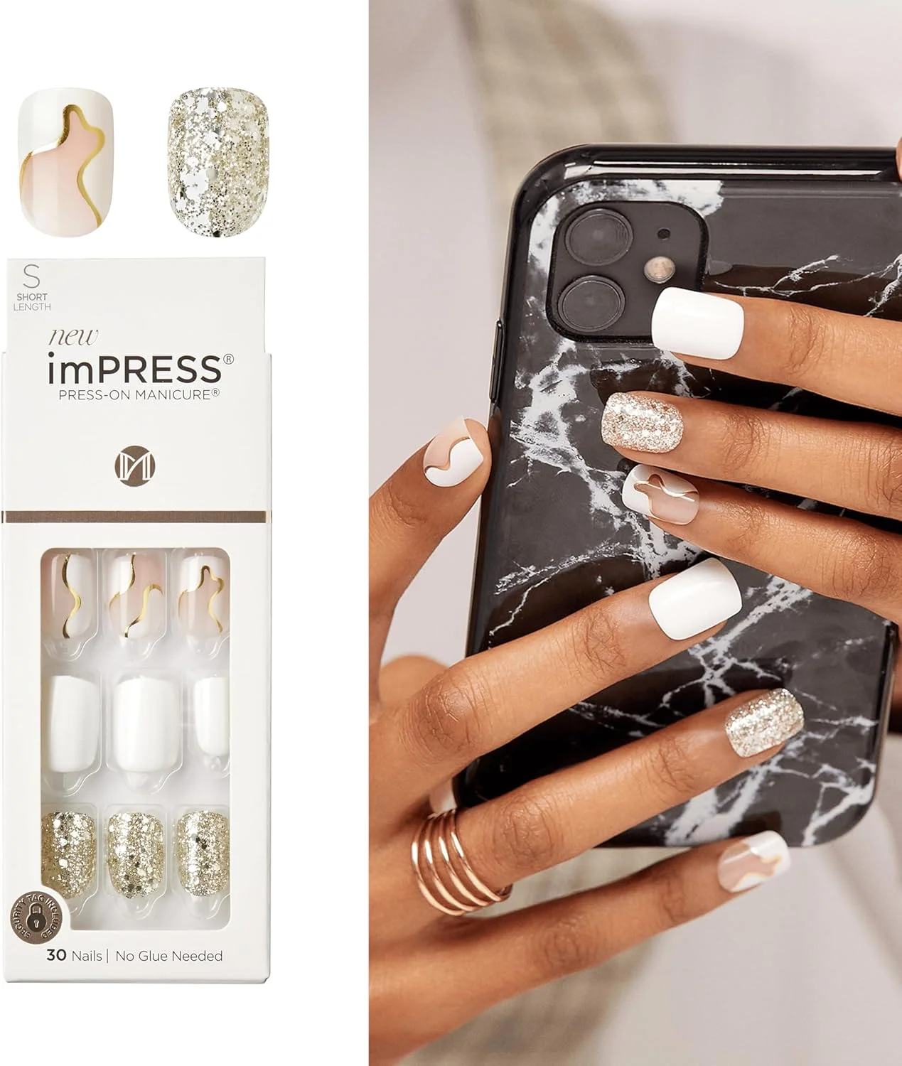 ناخن مصنوعی چسبی KISS imPRESS، طرح Astound، سفید، سایز کوتاه، فرم بیضی-مربع، شامل 30 ناخن، پد آماده سازی، برگه راهنما، 1 چوب مانیکور، 1 سوهان کوچک