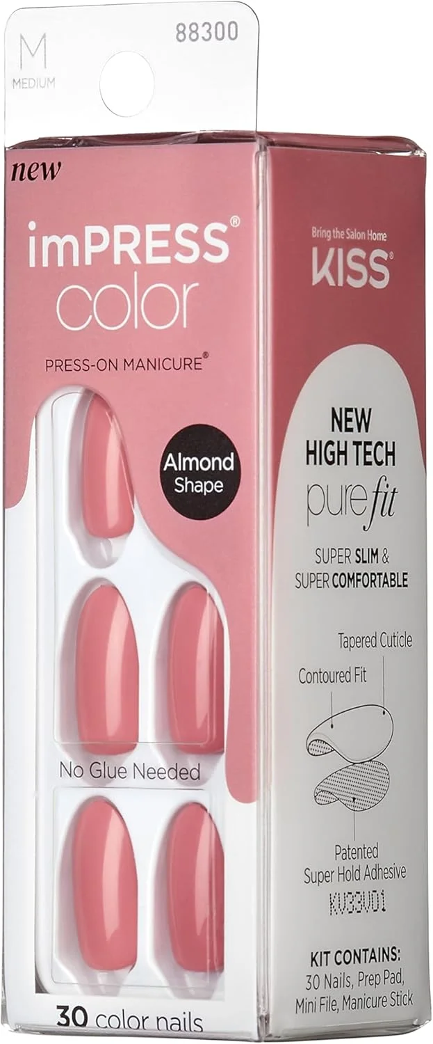 ناخن مصنوعی چسبی کیس ایمپرس، رنگ 'Sweet Aroma'، صورتی، سایز متوسط، فرم بادامی، شامل 30 ناخن، پد آماده سازی، برگه راهنما، یک چوب مانیکور، یک سوهان کوچک