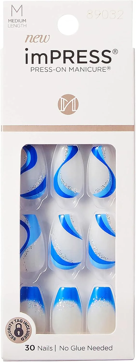 ناخن مصنوعی چسبی imPRESS KISS، طرح Mesmerize، آبی، سایز متوسط، مدل تابوتی، شامل 30 ناخن، پد آماده سازی، برگه راهنما، 1 چوب مانیکور، 1 سوهان کوچک