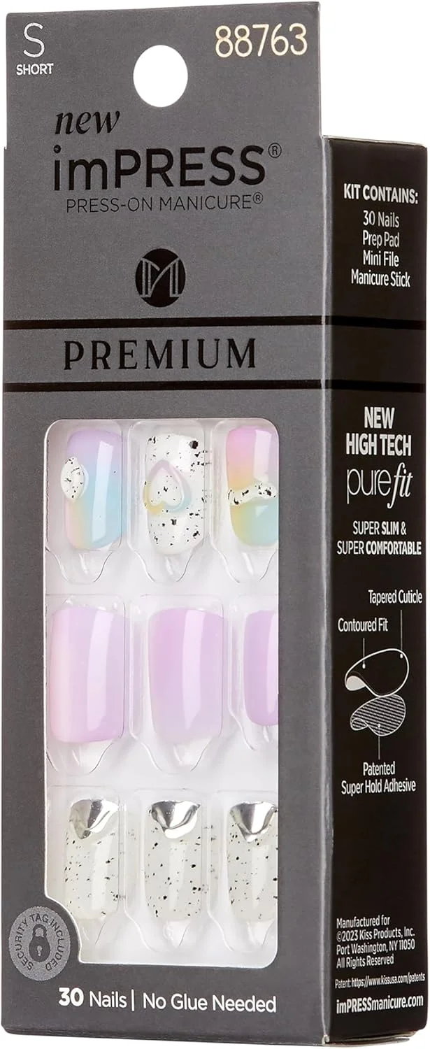 ناخن مصنوعی چسبی کیس ایمپرس، رنگ های متنوع، مدل 'Sweet Life'، سایز کوتاه، فرم اسکووال، شامل 30 ناخن، پد آماده سازی، برگه راهنما، یک چوب مانیکور، یک سوهان کوچک