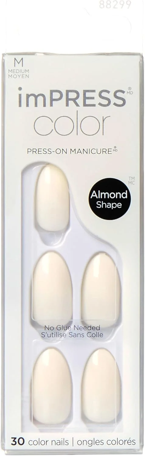 ناخن مصنوعی چسبی کیس ایمپرس، رنگ 'Ballroom'، سفید، سایز متوسط، فرم بادامی، شامل 30 ناخن، پد آماده سازی، برگه راهنما، 1 چوب مانیکور، 1 سوهان کوچک