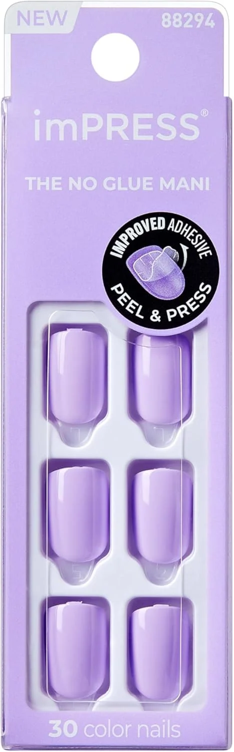 ناخن مصنوعی چسبی KISS imPRESS، رنگ یاسی زنده - کوتاه و مربعی، بنفش یکدست، آماده استفاده، ضد لک، بدون نیاز به خشک شدن، دارای سوهان کوچک و موارد دیگر | 30 عدد