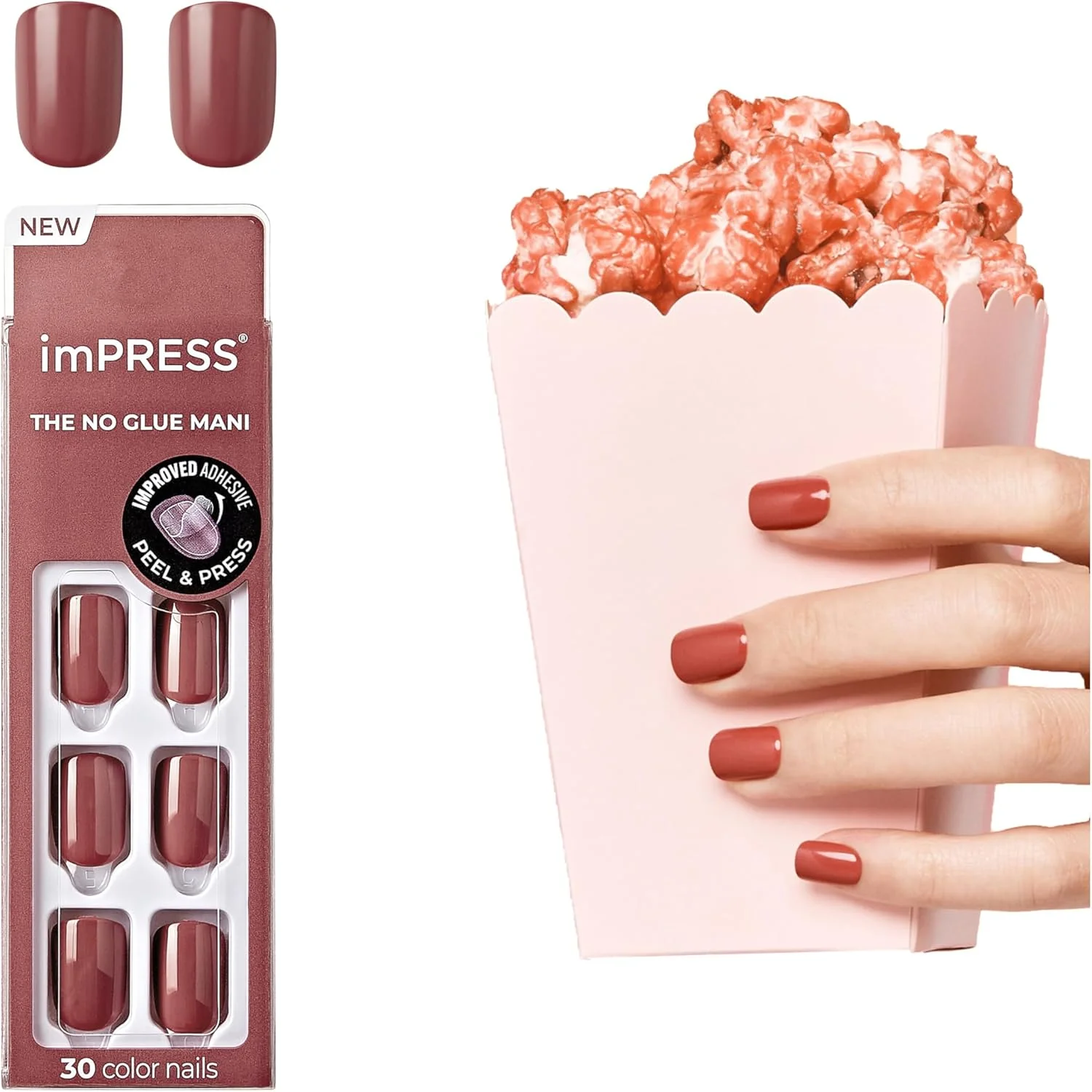 ناخن مصنوعی چسبی رنگی Kiss Impress، ست ناخن ژلی، فناوری Purefit، از پیش چسبیده، "صورتی افلاطونی"، مانیکور رنگی یکدست بدون لاک، شامل پد آماده سازی، سوهان کوچک، چوب کوتیکول و 30 ناخن مصنوعی