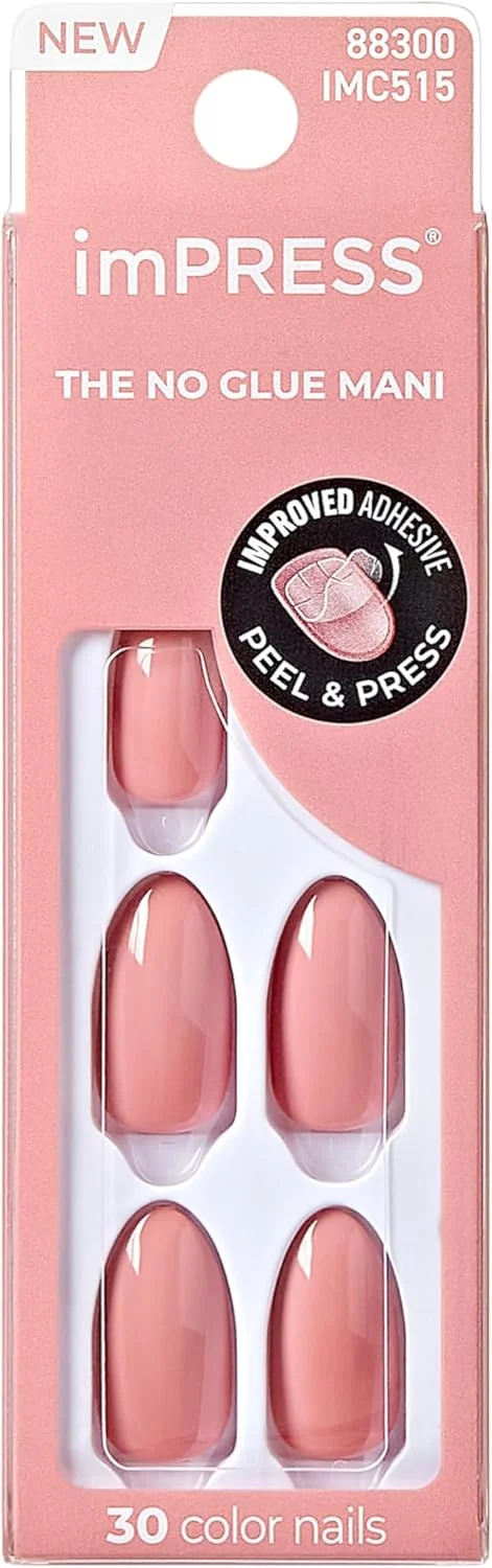 ناخن مصنوعی چسبی KISS imPRESS، رنگ 'Sweet Aroma'، صورتی، سایز متوسط، فرم بادامی، شامل 30 ناخن، پد تمیز کننده، برگه راهنما، یک چوب مانیکور، یک سوهان کوچک