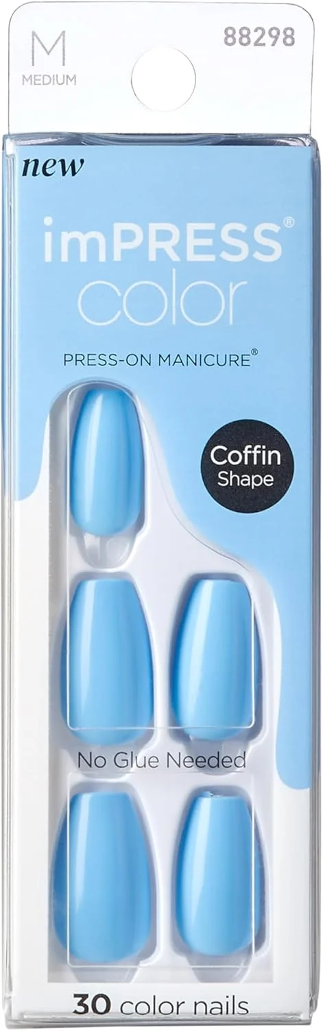 ناخن مصنوعی چسبی رنگی کیس ایمپرس، آبی آرام - کوتاه و مربعی، آبی یکدست، آماده استفاده، ضد لب پر شدن، ضد لک، بدون نیاز به خشک شدن، سوهان کوچک و موارد دیگر | 30 عدد