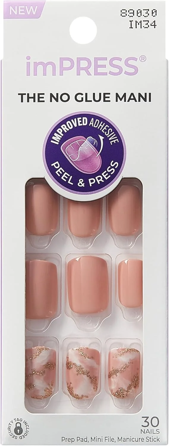 ناخن مصنوعی چسبی KISS imPRESS، طرح 'Kingdom'، صورتی روشن، سایز کوتاه، فرم بیضی-مربع، شامل 30 ناخن، پد آماده سازی، برگه راهنما، 1 چوب مانیکور، 1 سوهان کوچک