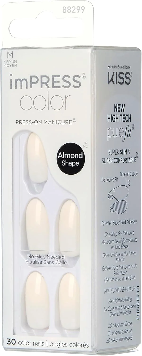 ناخن مصنوعی چسبی کیس ایمپرس، رنگ 'Ballroom'، سفید، سایز متوسط، فرم بادامی، شامل 30 ناخن، پد آماده سازی، برگه راهنما، 1 چوب مانیکور، 1 سوهان کوچک