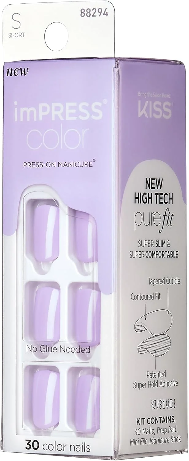 ناخن مصنوعی چسبی KISS imPRESS، رنگ یاسی زنده - کوتاه و مربعی، بنفش یکدست، آماده استفاده، ضد لک، بدون نیاز به خشک شدن، دارای سوهان کوچک و موارد دیگر | 30 عدد