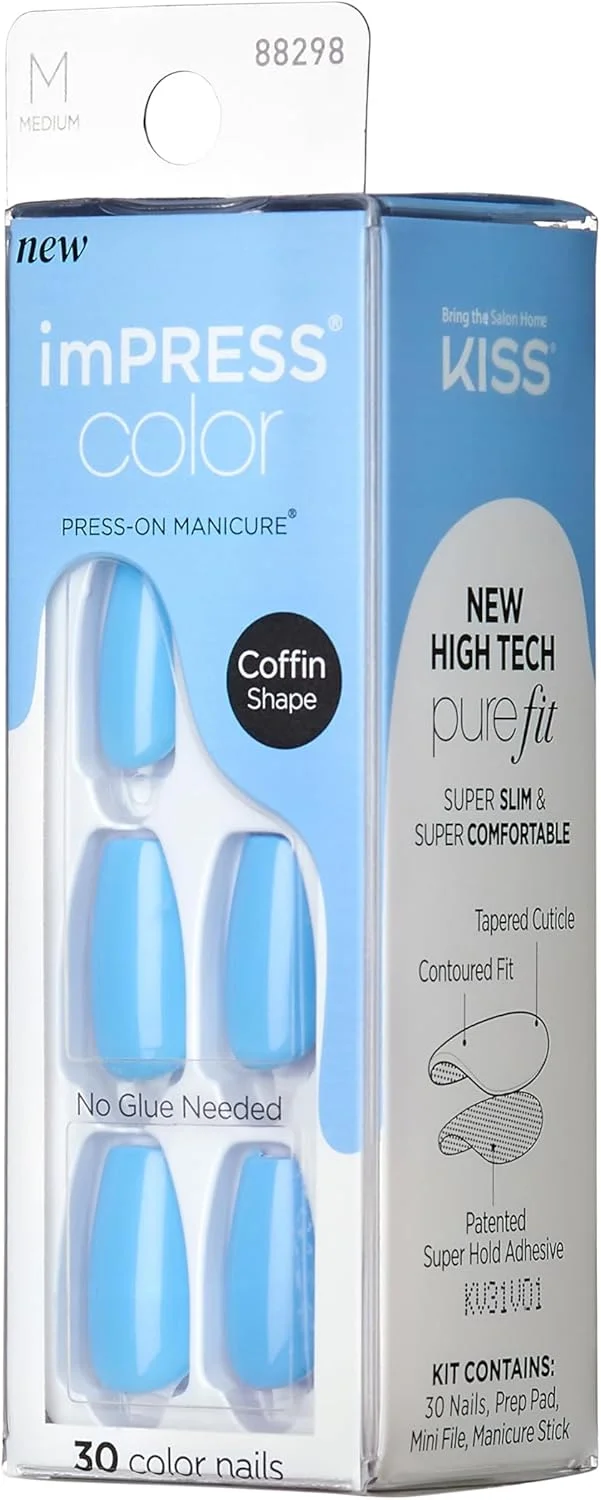 ناخن مصنوعی چسبی رنگی کیس ایمپرس، آبی آرام - کوتاه و مربعی، آبی یکدست، آماده استفاده، ضد لب پر شدن، ضد لک، بدون نیاز به خشک شدن، سوهان کوچک و موارد دیگر | 30 عدد