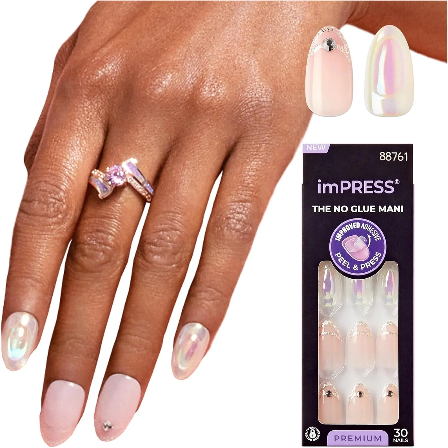 ناخن مصنوعی چسبی کیس ایمپرس، مدل 'All My Love'، صورتی، سایز متوسط، فرم بادامی، شامل 30 ناخن، پد آماده سازی، برگه راهنما، یک چوب مانیکور، یک سوهان کوچک