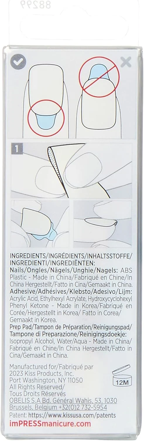 ناخن مصنوعی چسبی کیس ایمپرس، رنگ 'Ballroom'، سفید، سایز متوسط، فرم بادامی، شامل 30 ناخن، پد آماده سازی، برگه راهنما، 1 چوب مانیکور، 1 سوهان کوچک