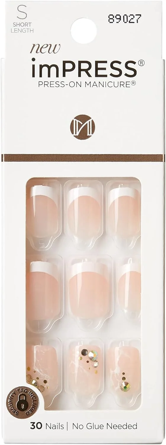 ناخن مصنوعی چسبی imPRESS KISS، طرح 'ارزش من'، سفید، سایز کوتاه، فرم بیضی-مربع، شامل 30 ناخن، پد آماده سازی، برگه راهنما، 1 چوب مانیکور، 1 سوهان کوچک