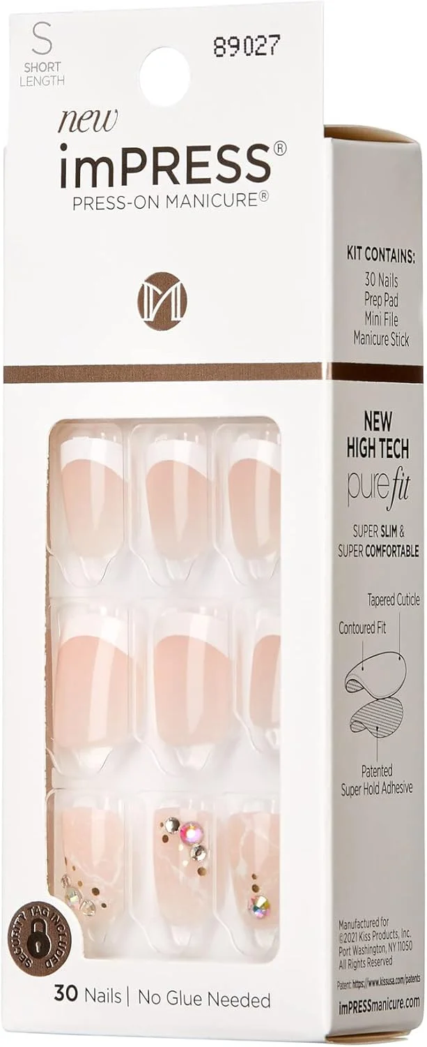ناخن مصنوعی چسبی imPRESS KISS، طرح 'ارزش من'، سفید، سایز کوتاه، فرم بیضی-مربع، شامل 30 ناخن، پد آماده سازی، برگه راهنما، 1 چوب مانیکور، 1 سوهان کوچک