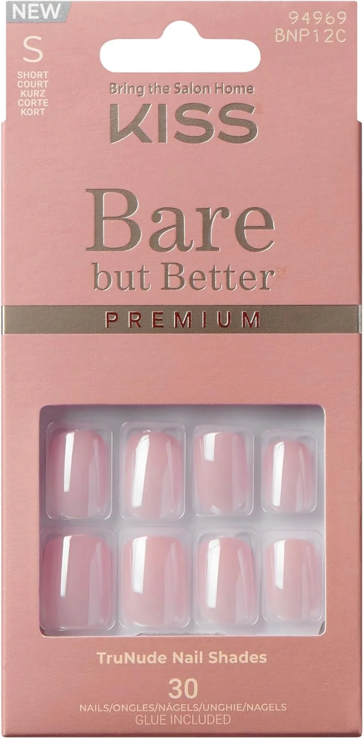 ناخن مصنوعی چسبی KISS مدل Bare but Better، رنگ صورتی Intro، فرم کوتاه مربعی-بیضی، شامل 30 ناخن، چسب 2 گرمی، یک چوب مانیکور، یک سوهان کوچک