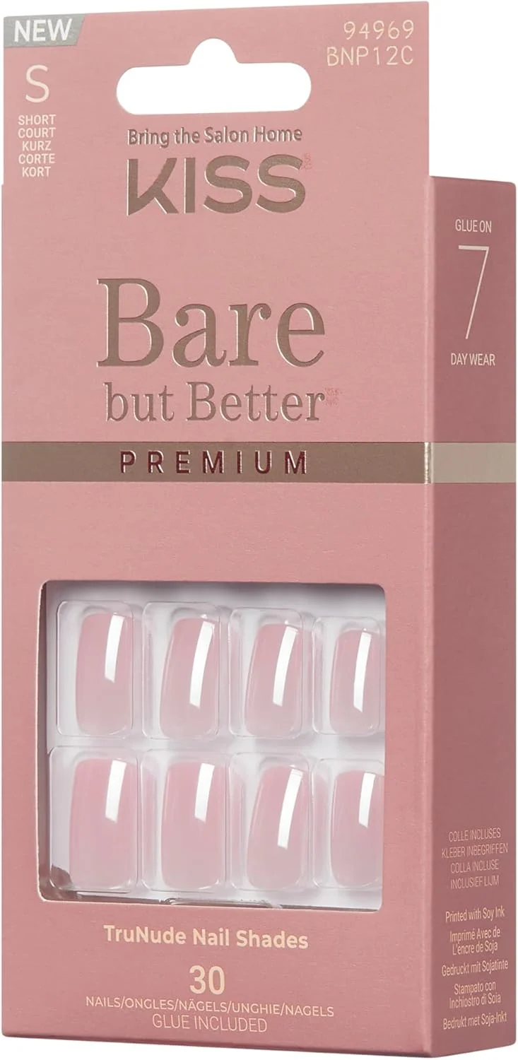 ناخن مصنوعی چسبی KISS مدل Bare but Better، رنگ صورتی Intro، فرم کوتاه مربعی-بیضی، شامل 30 ناخن، چسب 2 گرمی، یک چوب مانیکور، یک سوهان کوچک
