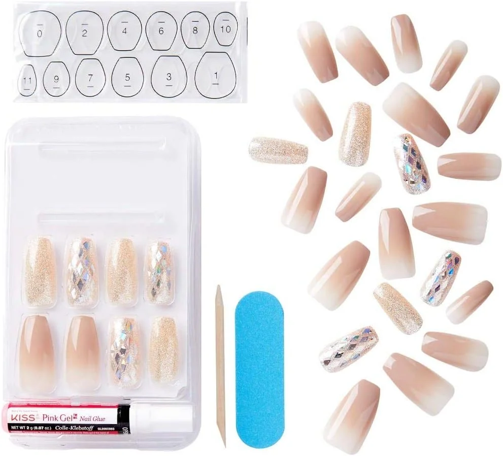 ناخن مصنوعی ژله ای چسبی صورتی با 24 چسب فوق العاده، چوب مانیکور، سوهان کوچک و 28 ناخن مصنوعی