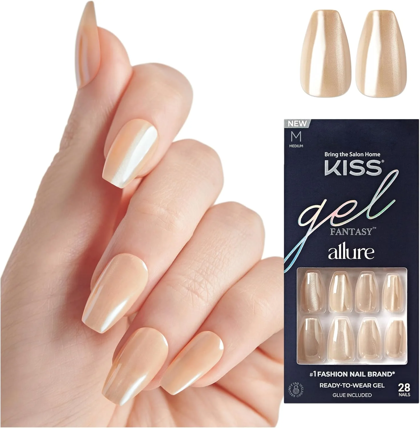 ناخن مصنوعی ژلی مدل فانتزی آلور، رنگ بژ MoonBeam، فرم تابوتی متوسط، استفاده فوری، شامل 28 ناخن مصنوعی، چسب ناخن ژلی صورتی (2 گرم)، چوب مانیکور و سوهان ناخن کوچک