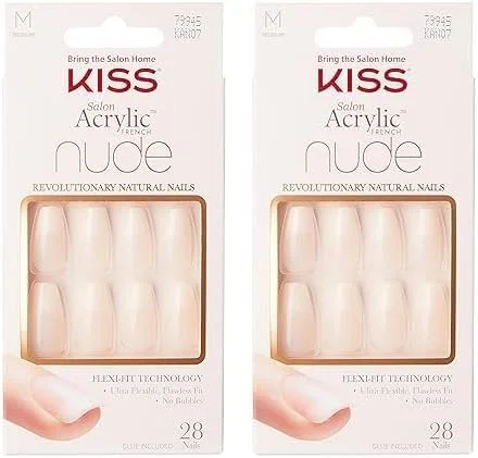 کیت فرنچ ناخن مصنوعی آکریلیک سالنی کیس - طرح لیلانی، فرم مربعی (متوسط) - ست ناخن چسبی با سوهان کوچک، چسب ناخن، چوب مانیکور (بسته 2 عددی)