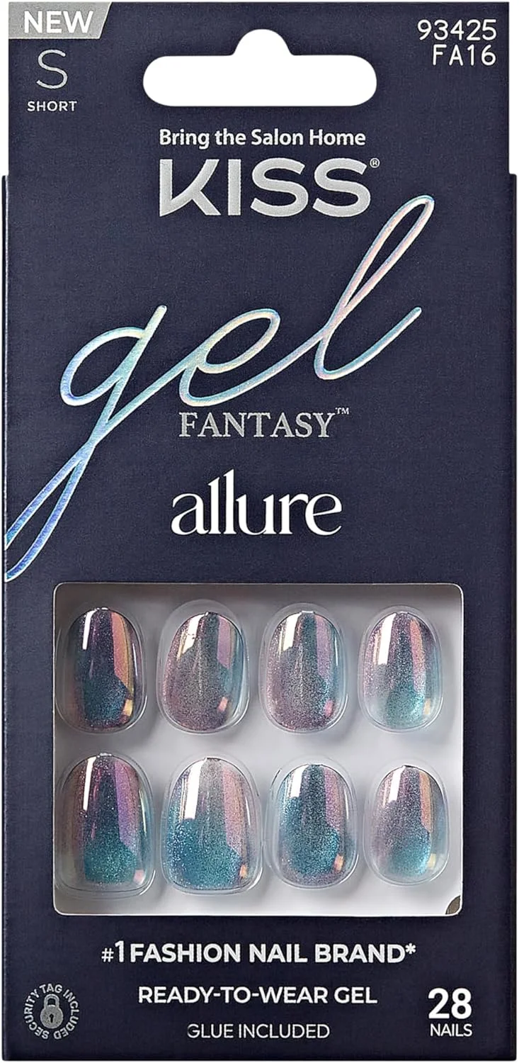 ناخن مصنوعی ژلی KISS مدل Gel Fantasy Allure به همراه چسب ناخن - طرح 'Change Chance' نقره ای، بیضی کوتاه، استفاده فوری، ۲۸ عدد