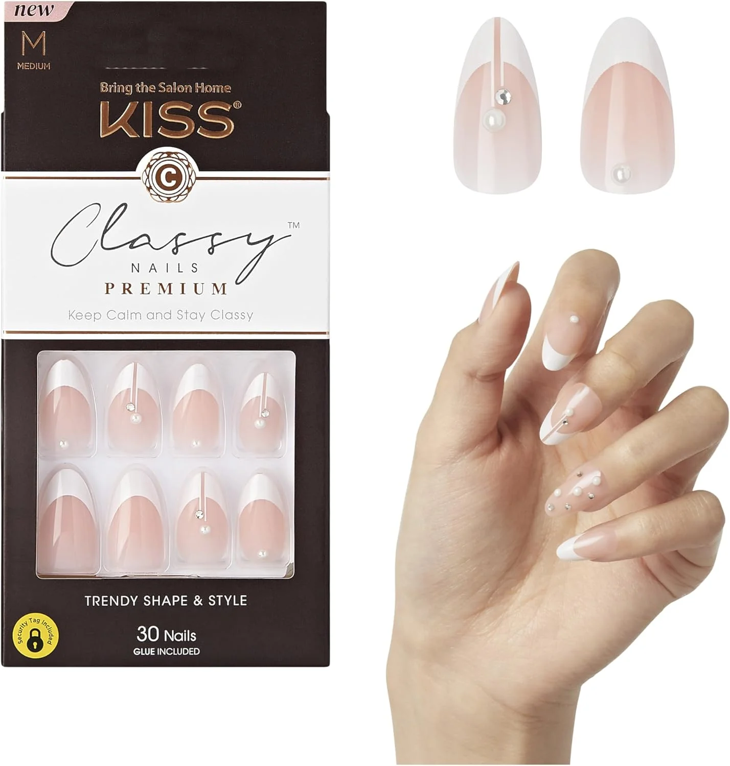 ناخن مصنوعی چسبی KISS، مدل 'Highlights'، فرانسوی، سایز متوسط، فرم بادامی، شامل 30 ناخن، چسب 2 گرمی، یک عدد چوب مانیکور، یک عدد سوهان کوچک