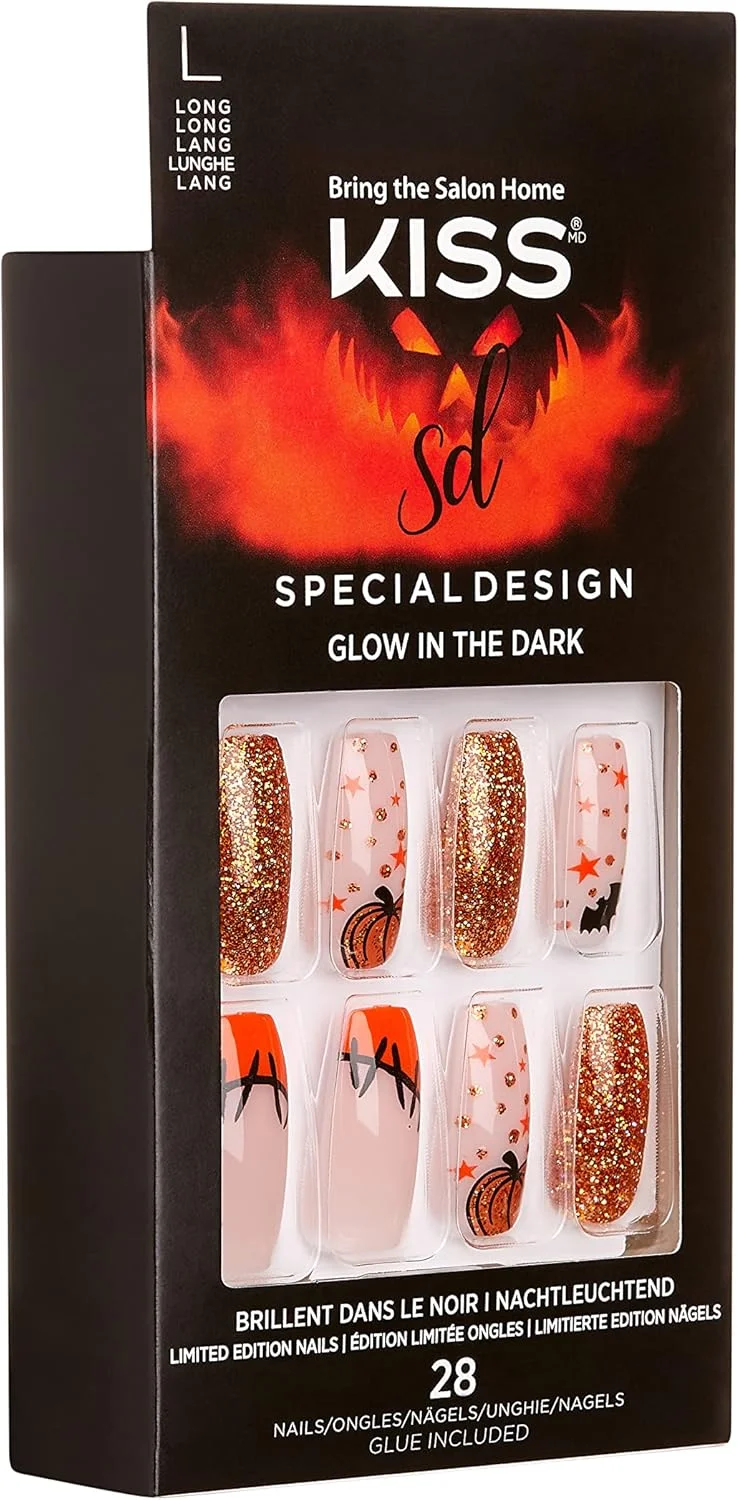 ناخن مصنوعی هالووین با طراحی ویژه، درخشان در تاریکی، مدل 'Wicked'، به همراه چسب ناخن ژلی صورتی، سوهان ناخن کوچک، چوب مانیکور و 28 ناخن مصنوعی