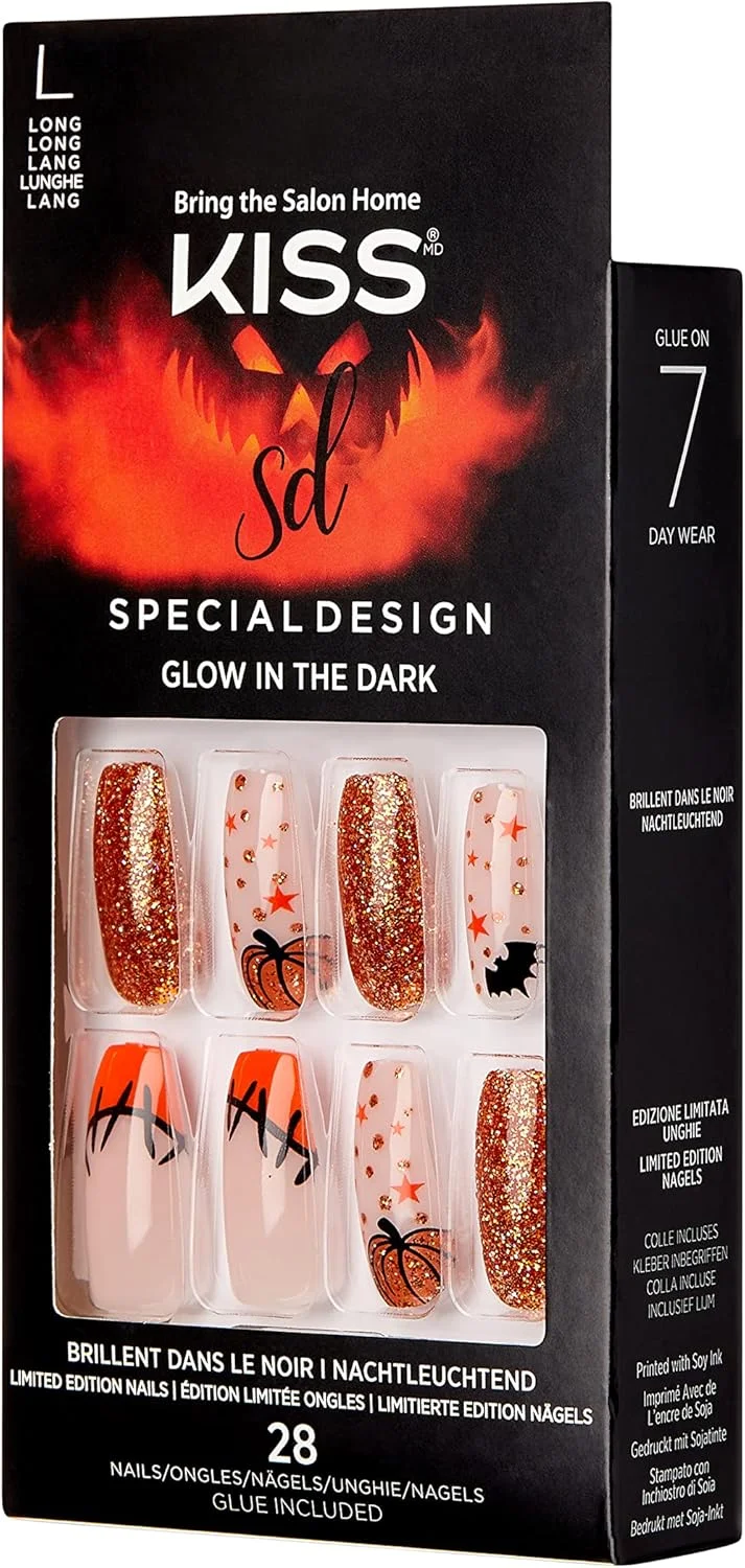 ناخن مصنوعی هالووین با طراحی ویژه، درخشان در تاریکی، مدل 'Wicked'، به همراه چسب ناخن ژلی صورتی، سوهان ناخن کوچک، چوب مانیکور و 28 ناخن مصنوعی