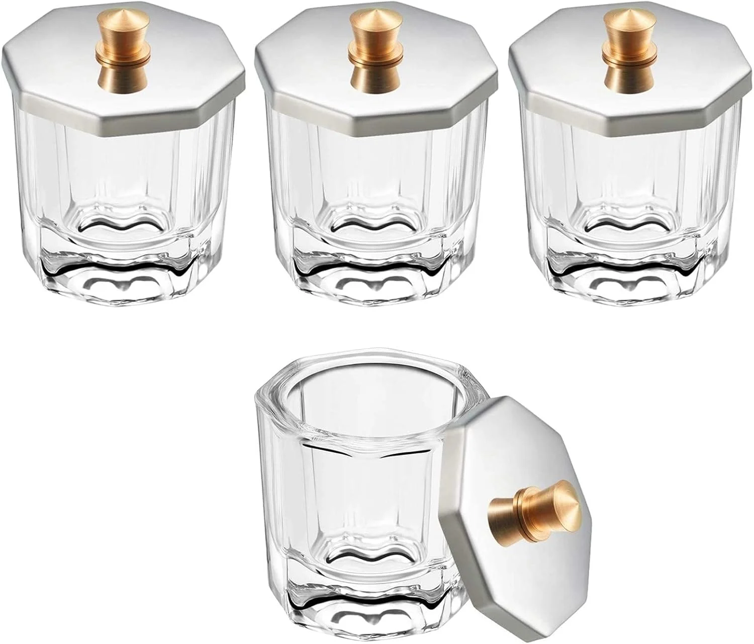 ظرف شیشه ای کریستالی با درب استیل ضد زنگ، شکل هشت ضلعی برای پودر اکریلیک، مونومر، پاک کننده لاک ناخن، ابزار طراحی ناخن، 4 عدد