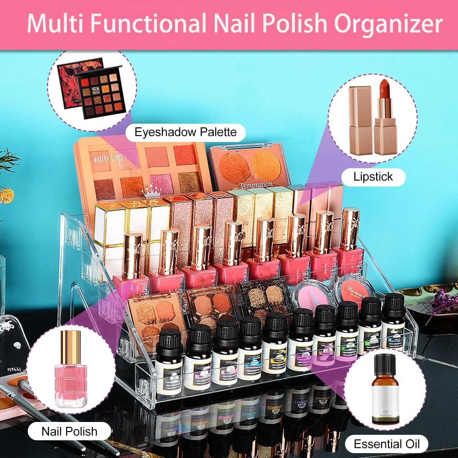 استند لاک ناخن، دارای ۵ طبقه برای نگهداری ۶۰ عدد لاک، قفسه محکم برای نگهداری عینک، نگهدارنده روغن های اساسی، استند لوازم آرایشی شفاف، بدون نیاز به ابزار برای مونتاژ، نظم دهنده لوازم آرایشی استند لاک ناخن، دارای ۵ طبقه برای نگهداری ۶۰ عدد لاک، قفسه محکم برای نگهداری عینک، نگهدارنده روغن های اساسی، استند لوازم آرایشی شفاف، بدون نیاز به ابزار برای مونتاژ، نظم دهنده لوازم آرایشی
