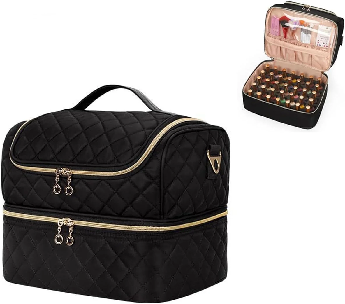 کیف لوازم لاک ناخن، جعبه نگهداری قابل حمل برای ۴۵ شیشه لاک، دستگاه خشک کن ناخن و ابزار مانیکور، کیف مسافرتی جمع و جور برای لوازم ناخن کار، ایده آل برای استفاده در منزل یا سالن، مشکی