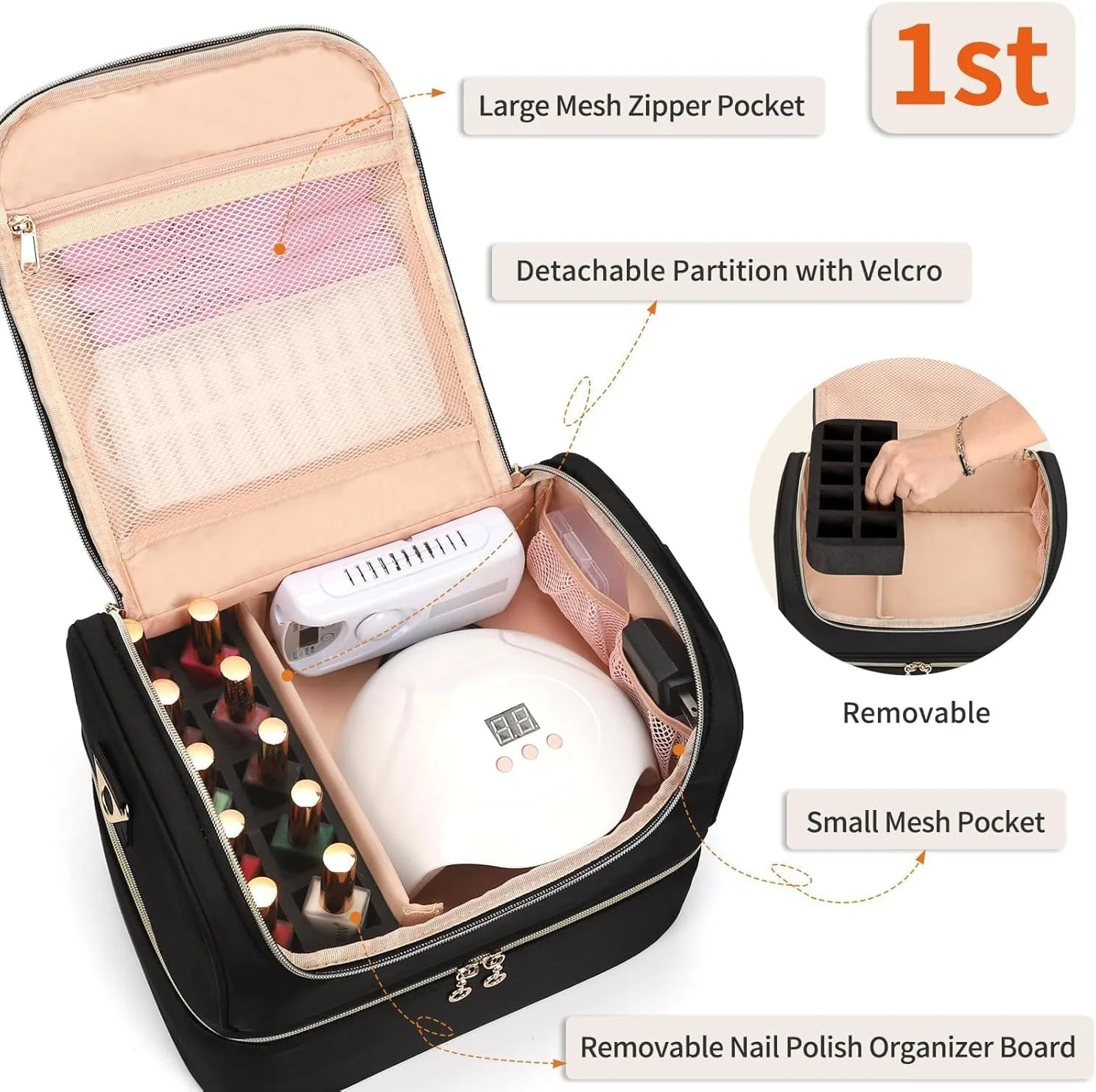 کیف لوازم لاک ناخن، جعبه نگهداری قابل حمل برای ۴۵ شیشه لاک، دستگاه خشک کن ناخن و ابزار مانیکور، کیف مسافرتی جمع و جور برای لوازم ناخن کار، ایده آل برای استفاده در منزل یا سالن، مشکی کیف لوازم لاک ناخن، جعبه نگهداری قابل حمل برای ۴۵ شیشه لاک، دستگاه خشک کن ناخن و ابزار مانیکور، کیف مسافرتی جمع و جور برای لوازم ناخن کار، ایده آل برای استفاده در منزل یا سالن، مشکی