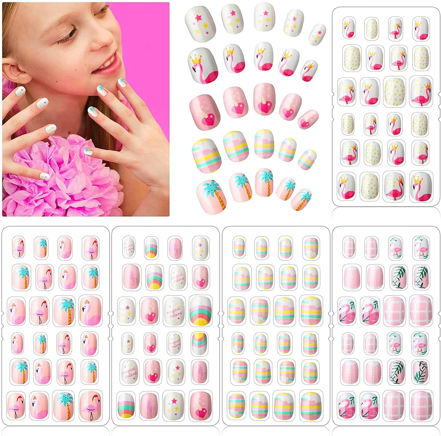 ناخن مصنوعی بچگانه، ناخن مصنوعی چسبی برای کودکان، طرح کارتونی، پوشش کامل، ناخن کوتاه، ناخن مصنوعی برای کودکان، برچسب ناخن مصنوعی از قبل چسبانده شده برای طراحی ناخن دخترانه (120 عدد)
