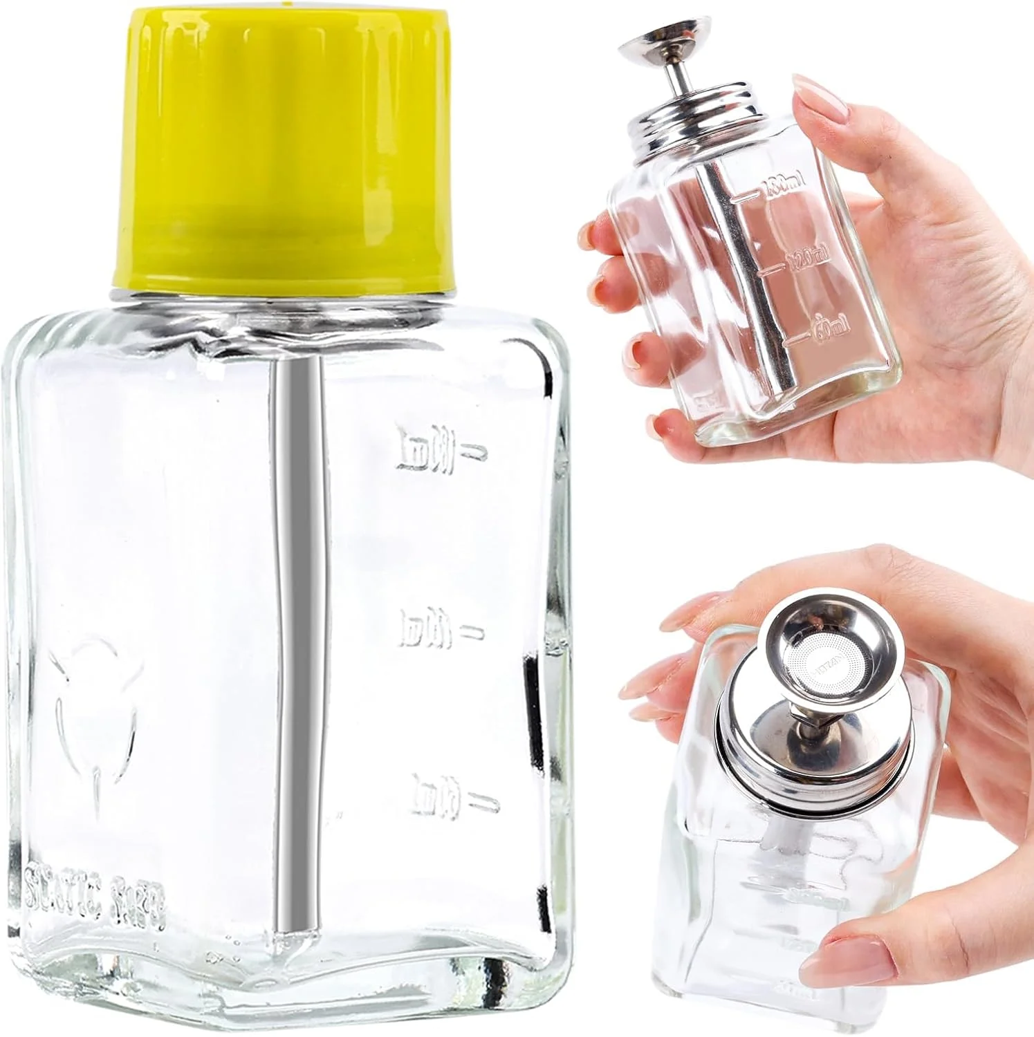 بطری پمپ شیشه ای شفاف 180 میلی لیتری با درب - ظرف پمپ فشاری قابل شارژ برای پاک کننده لاک ناخن، پاک کننده آرایش، الکل، محلول نمکی - پخش کننده مایع قابل حمل و استفاده مجدد