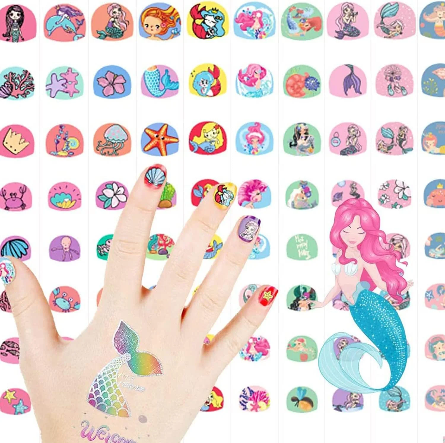 برچسب های طراحی ناخن کودکانه SYOSI، روکش کامل ناخن، برچسب های لاک خود چسب برای تزئین ناخن دخترانه، سرگرمی شامل مهمانی تولد پری دریایی