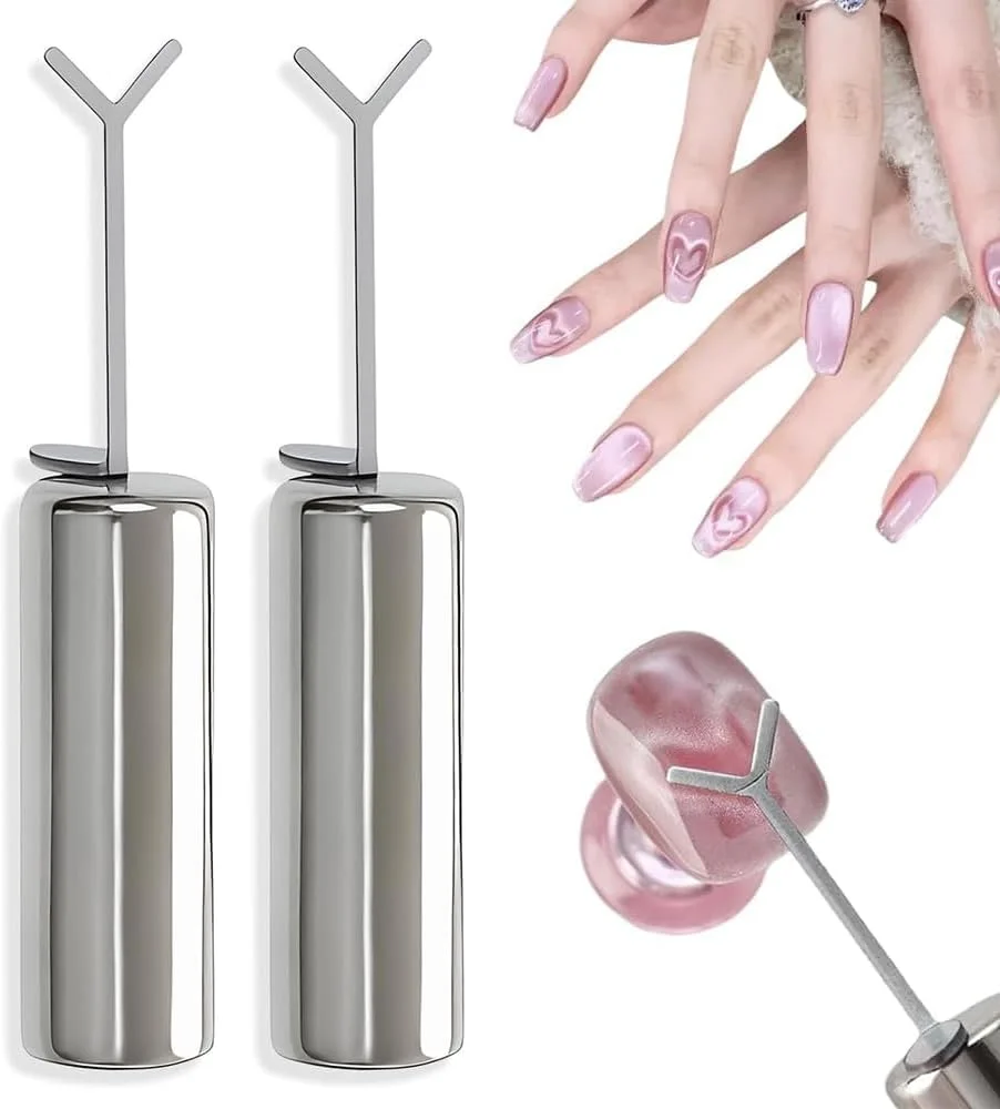 ست 2 عددی آهنربای چشم گربه ای قلبی شکل برای لاک ژل، ابزار طراحی ناخن مغناطیسی با میله های راهنمای Y شکل، کیت حرفه ای مانیکور DIY برای جلوه چشم گربه ای خیره کننده، آهنربای لاک ناخن برای استفاده در خانه و سالن