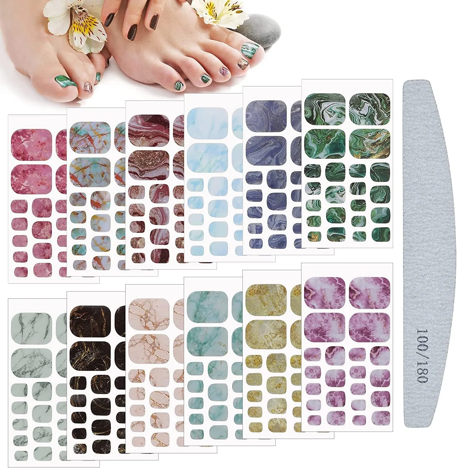 ست برچسب لاک ناخن پا طرح سنگ مرمر SYOSI، شامل 12 برچسب خودچسب کامل ناخن برای زنان و دختران، به همراه سوهان ناخن برای استفاده آسان و طراحی های خلاقانه هنر ناخن