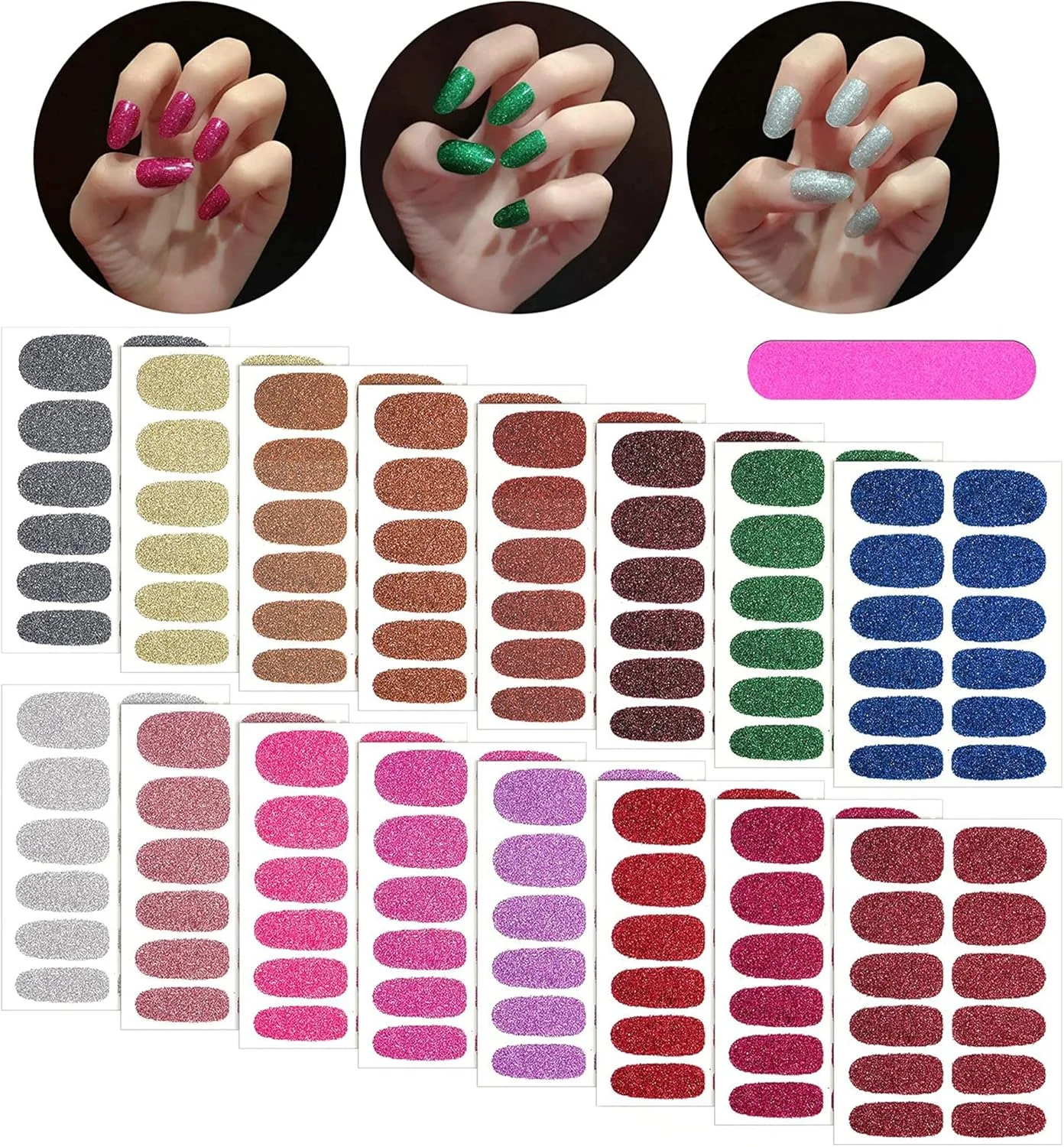 سایوسی 16 ورق برچسب ناخن اکلیلی، استیکر لاک ناخن خودچسب، نوارهای طراحی ناخن با رنگ های یکدست به همراه 2 عدد سوهان ناخن برای طراحی و دیزاین ناخن در خانه