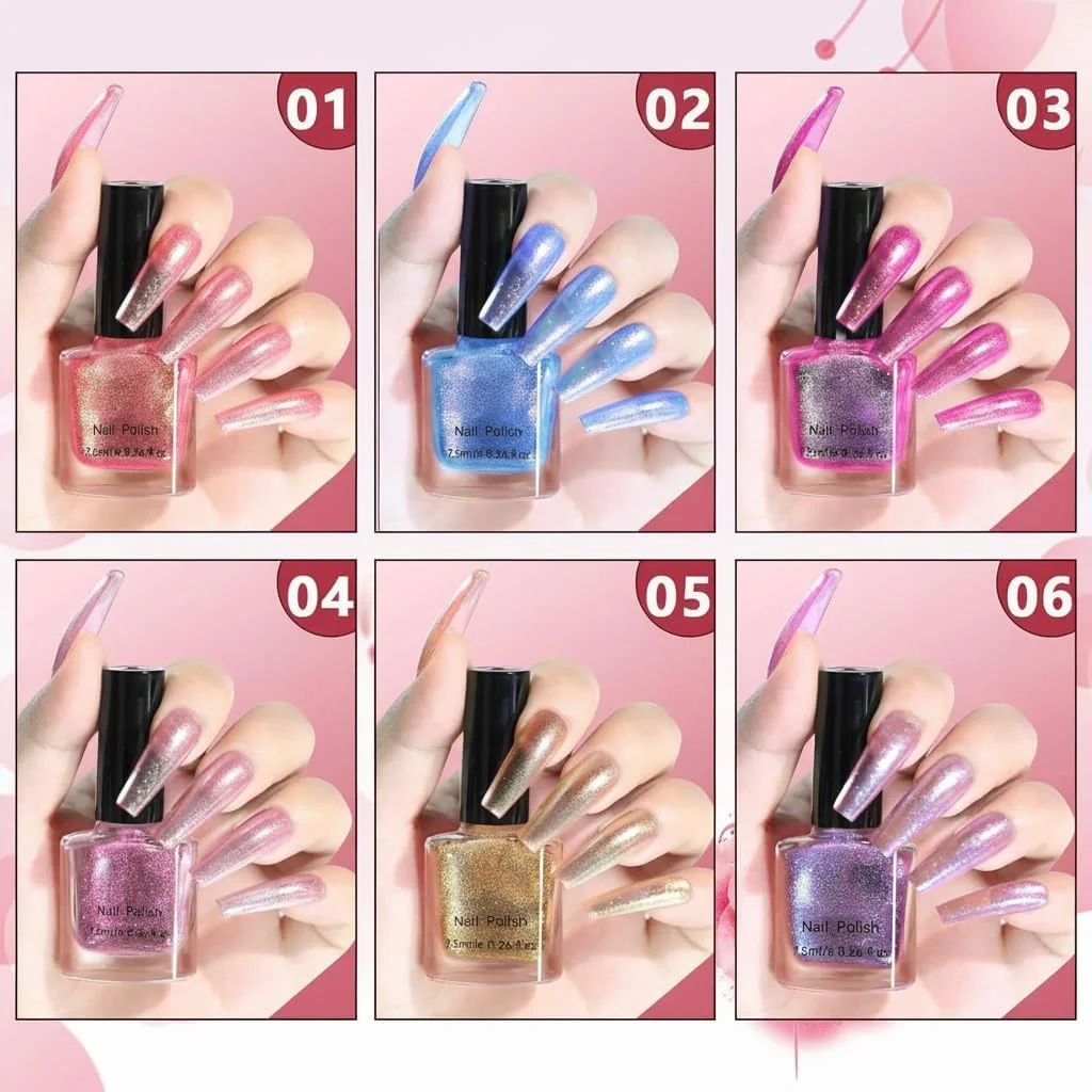 ست لاک ناخن خشک شونده در هوا SYOSI در 6 رنگ، لاک چند رنگی با تغییر رنگ، لاک براق سریع خشک شونده و ماندگار برای مانیکور خانگی و استفاده در سالن ست لاک ناخن خشک شونده در هوا SYOSI در 6 رنگ، لاک چند رنگی با تغییر رنگ، لاک براق سریع خشک شونده و ماندگار برای مانیکور خانگی و استفاده در سالن