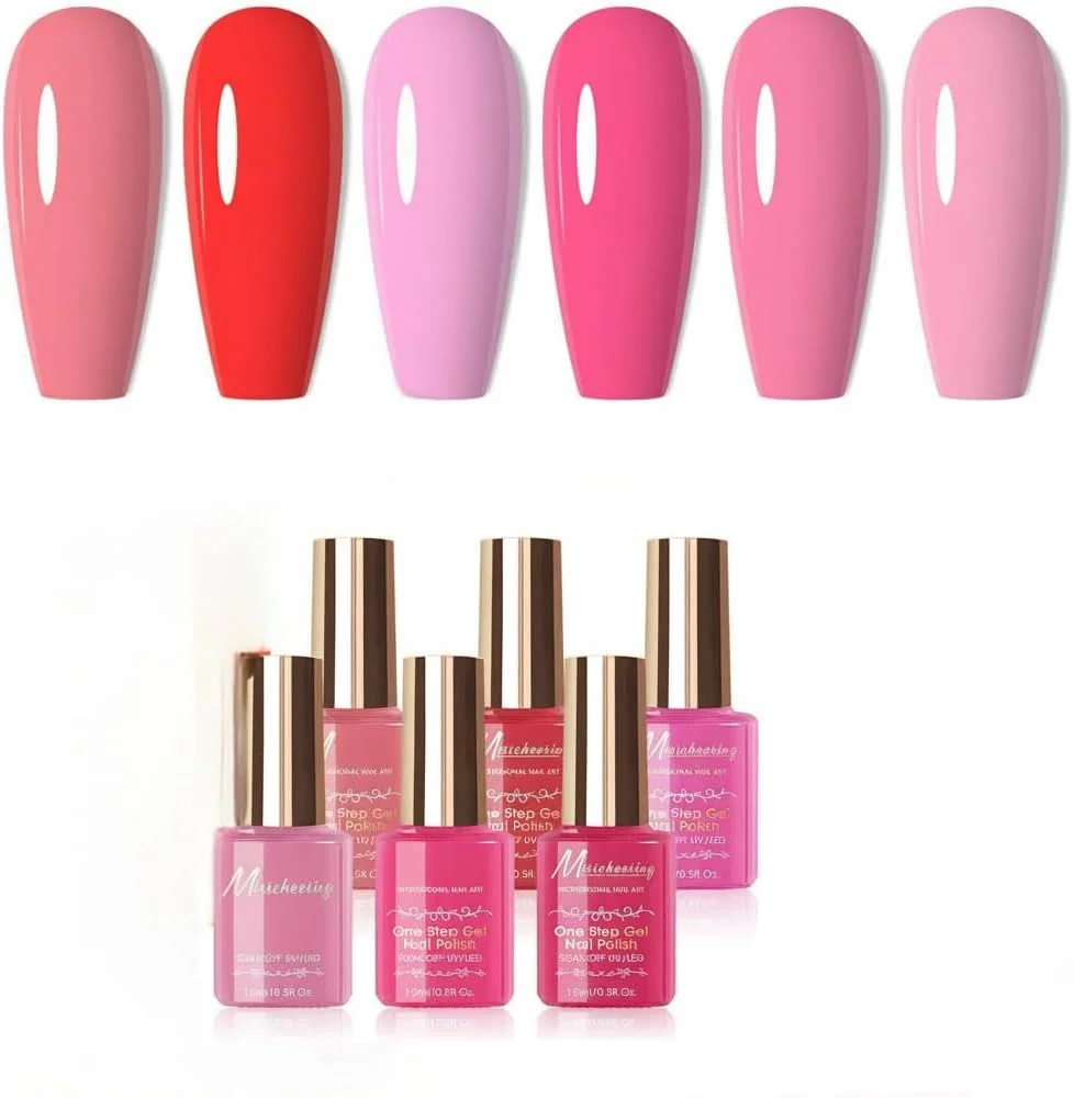 ست لاک ژل ناخن، 6 رنگ صورتی، خشک شدن سریع، 3 در 1، ماندگاری طولانی برای مانیکور DIY، نتایج با کیفیت سالن در خانه