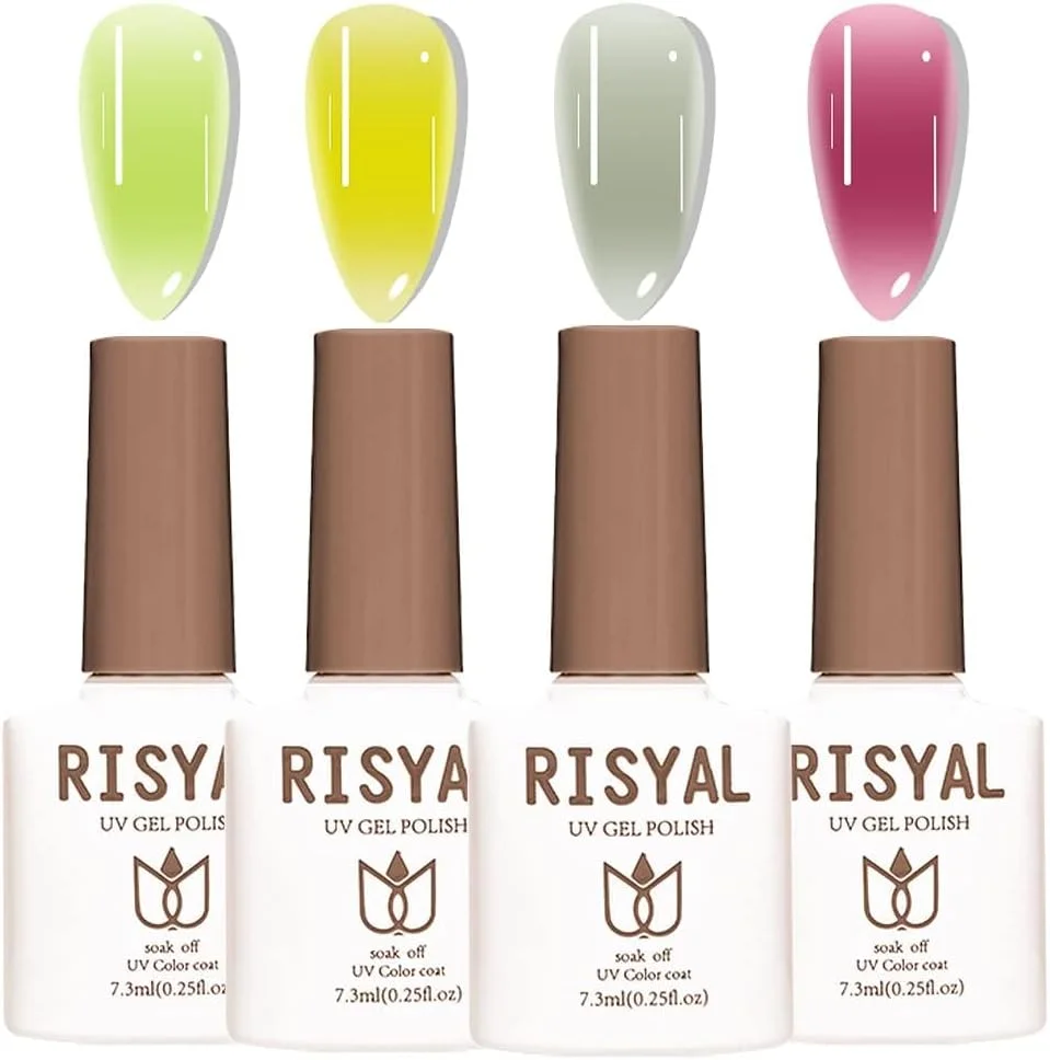 ست لاک ژل شفاف 4 عددی سایوسی - سبز، زرد، بنفش، 7.3 میلی لیتر، لاک ژل یو وی ال ای دی برای طراحی ناخن در خانه، هدیه برای زنان و دختران