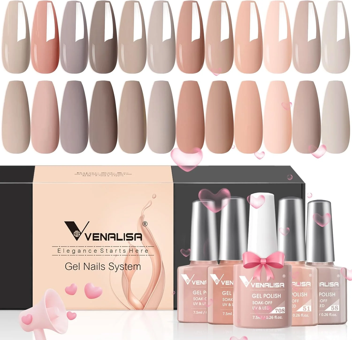 ست لاک ژل V VENALISA - ۱۲ عدد لاک ژل ۷.۵ میلی لیتری رنگ های خنثی، صورتی روشن مناسب تمام فصول، ست لاک ژل قهوه ای صورتی خنثی برای انواع رنگ پوست، لاک ژل UV LED، مناسب طراحی ناخن، مانیکور سالنی، هدیه