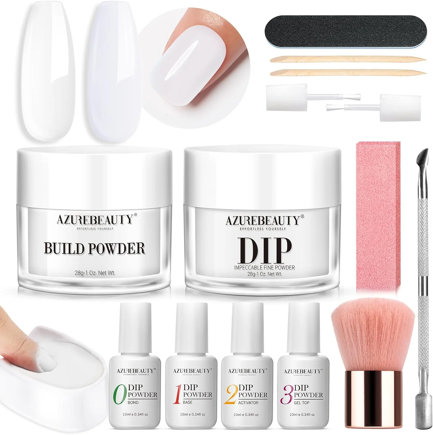 ست پودر دیپ ناخن شفاف و سفید AZUREBEAUTY، ۲۸ گرمی، ۱۵ تکه، شامل پودر سازنده دیپینگ به همراه ست مایع پودر دیپ شامل تاپ کت، بیس کت و فعال کننده، مناسب برای مبتدیان، مانیکور ناخن، سالن و منزل