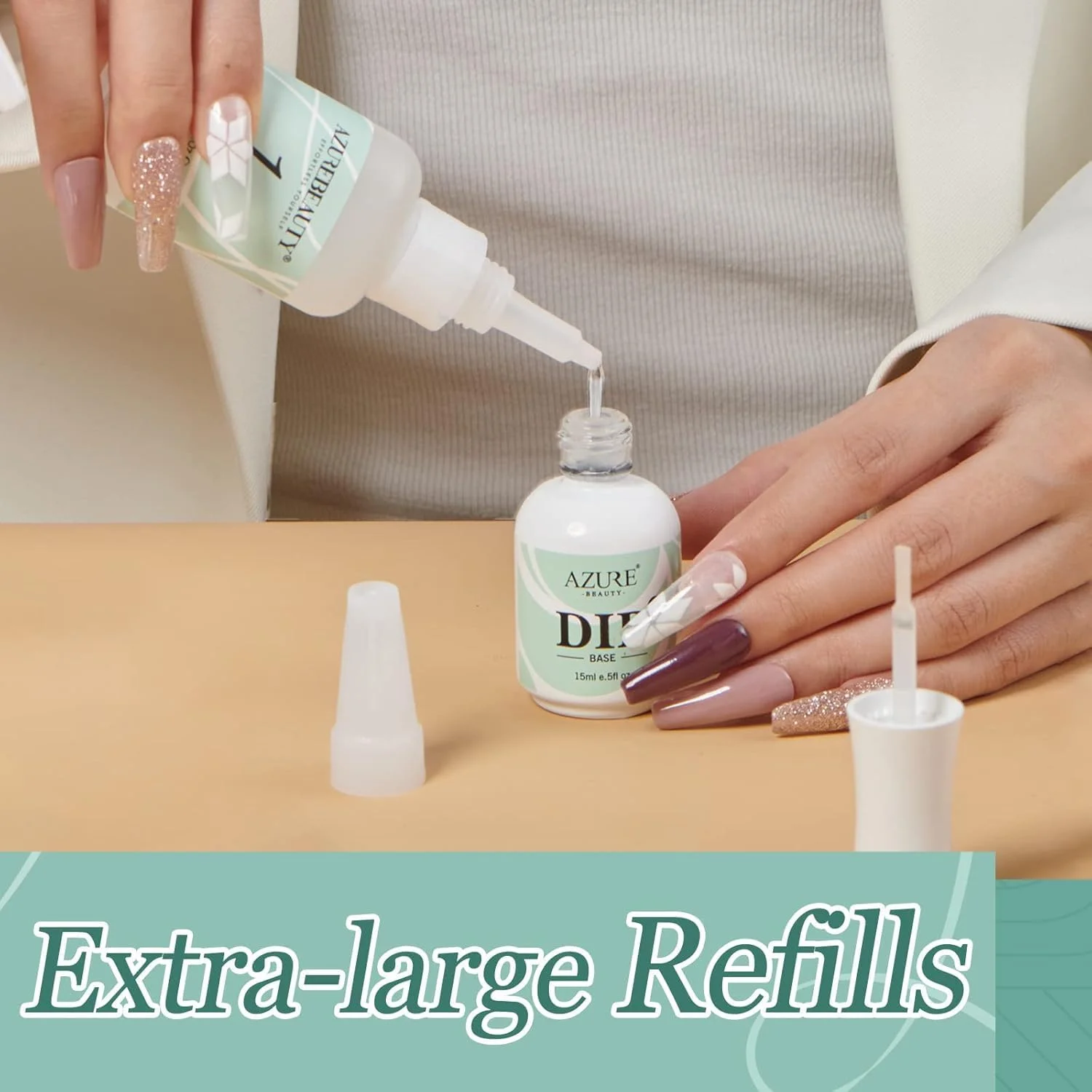 لاک پایه پودر دیپ آبيوتي، ظرفیت بزرگ 40 میلی لیتر، مناسب برای شارژ مجدد پودر دیپ، ست مایع، طراحی ناخن فرانسوی، مانیکور، مناسب مبتدیان، استفاده خانگی و سالنی