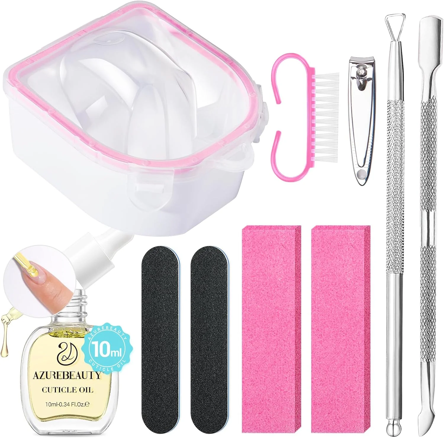 کیت کاسه خیساندن ناخن AZUREBEAUTY، ابزار مانیکور، برس ناخن، عقب زننده کوتیکول، لایه بردار، سوهان، بافر