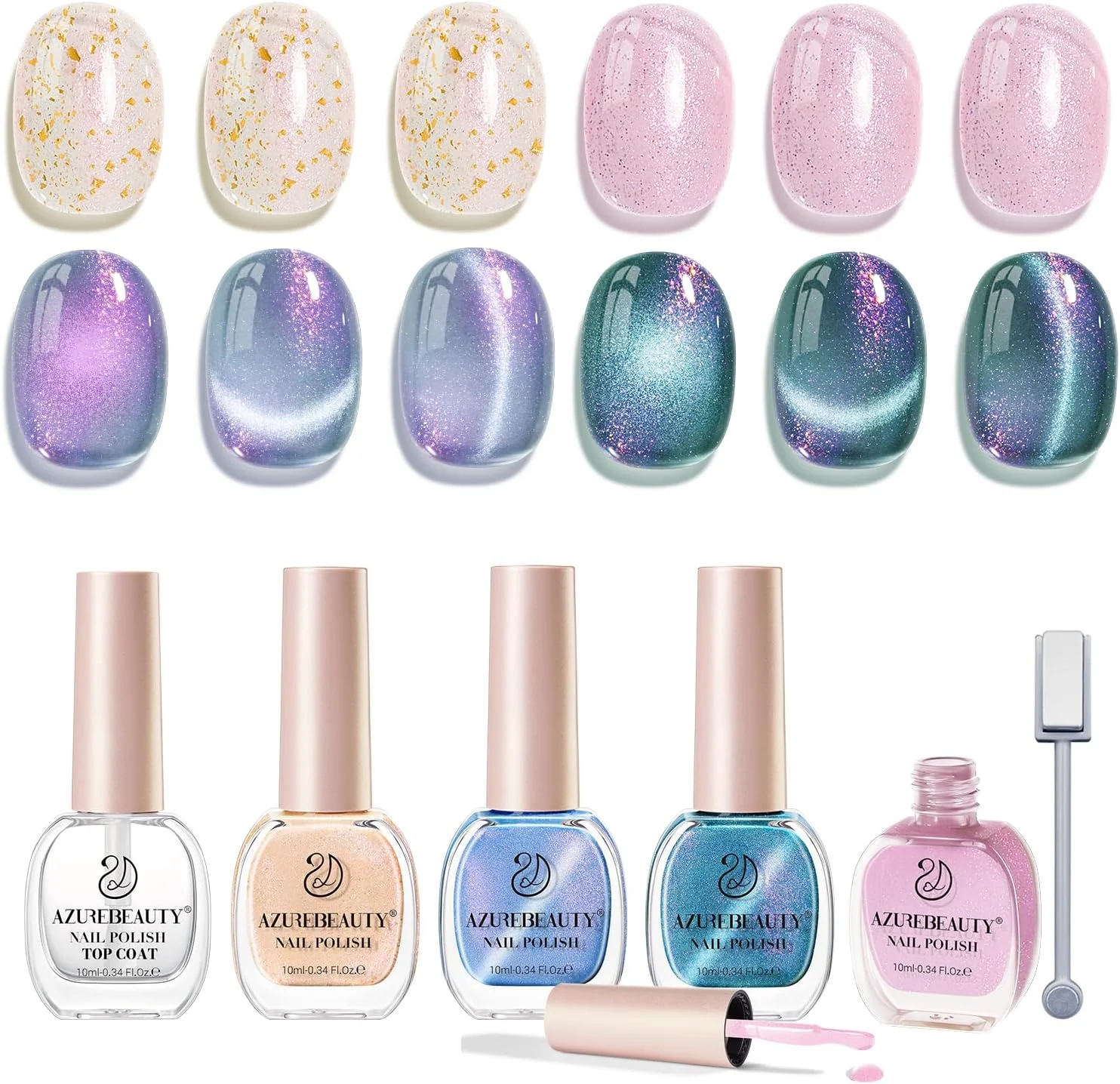 ست لاک ناخن چشم گربه ای AZUREBEAUTY، خشک شدن سریع، ماندگاری طولانی، 4 رنگ، اکلیلی مغناطیسی کروم، کیت ناخن اکلیلی طبیعی با پوشش رویی، مناسب برای طراحی ناخن در خانه و سالن